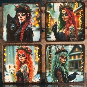 Set of 4 Handmade Christmas Sugar Skull Coasters – 4” Wooden Drink Coasters